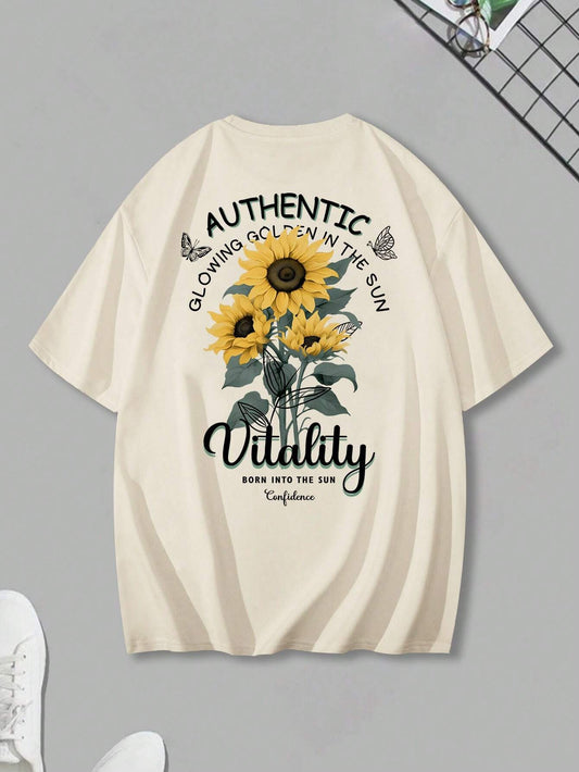 Manfinity Hypemode Men Sunflower Print round Neck Short Sleeve T-Shirt with Slogan, Funny, for Going Out, for Friends