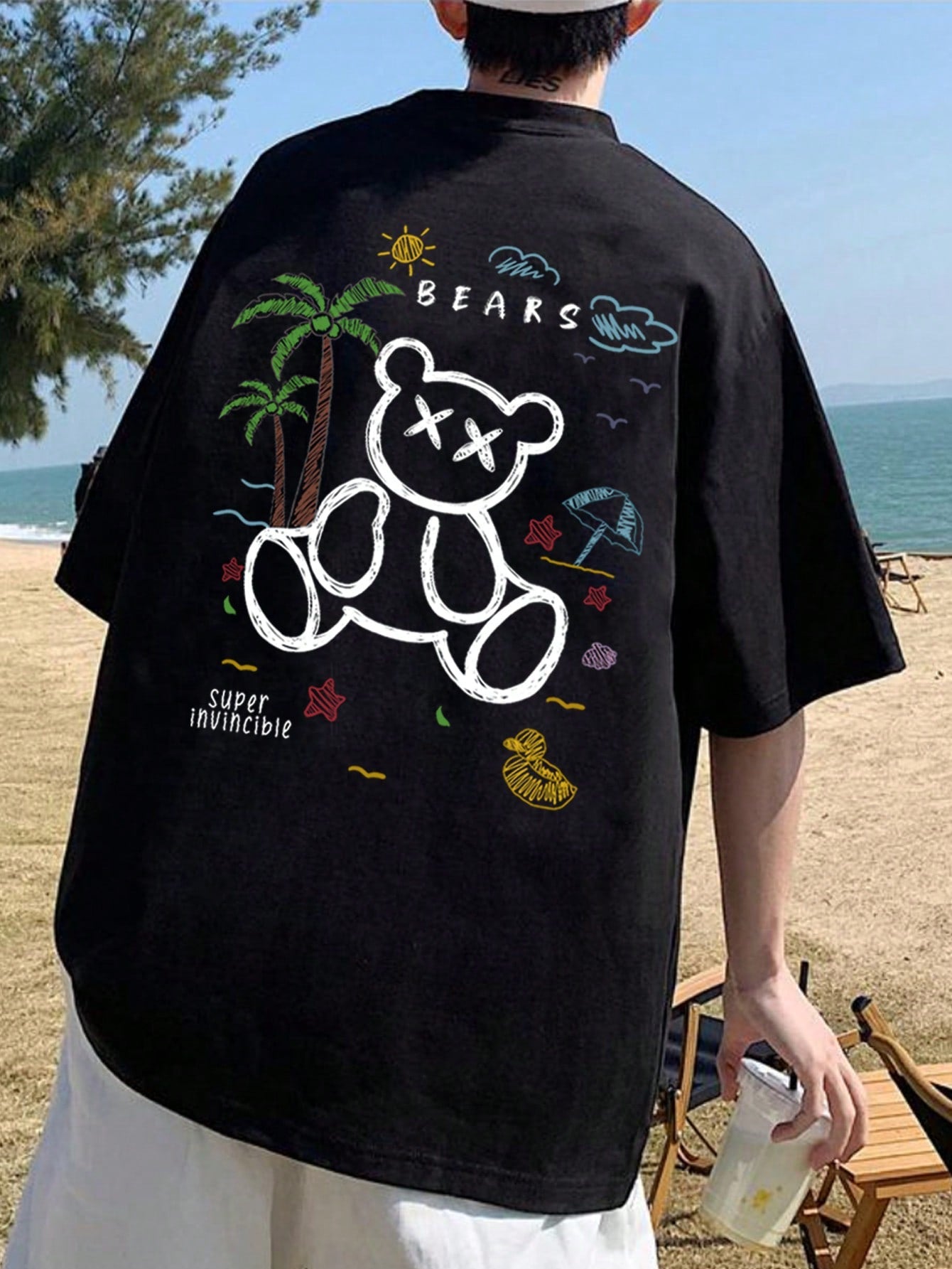 Manfinity Hypemode Men Cartoon Bear & Letter Graphic Tee