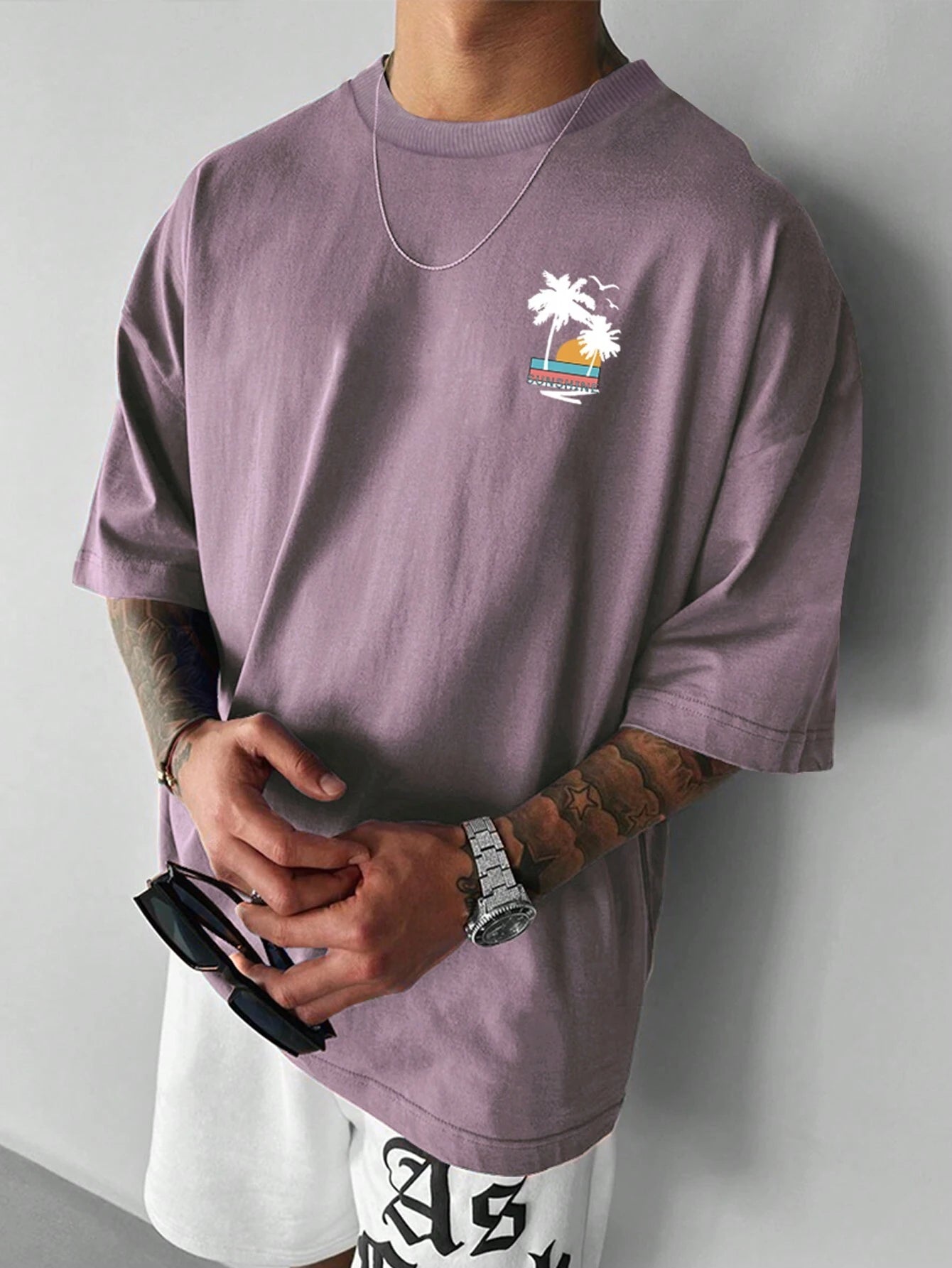 Manfinity Hypemode Men'S Summer Casual Short Sleeve T-Shirt with Letter and Palm Tree Print
