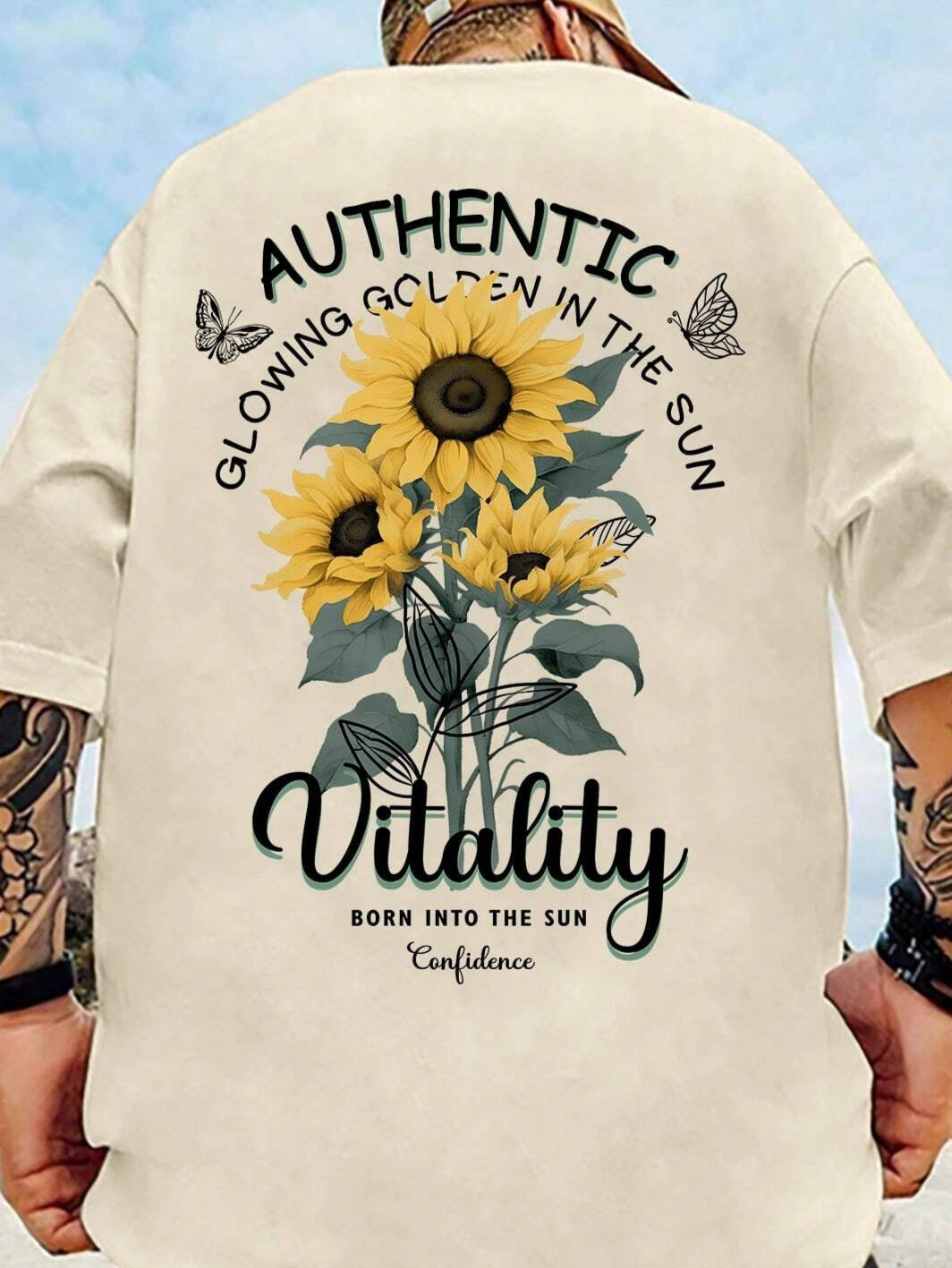 Manfinity Hypemode Men Sunflower Print round Neck Short Sleeve T-Shirt with Slogan, Funny, for Going Out, for Friends
