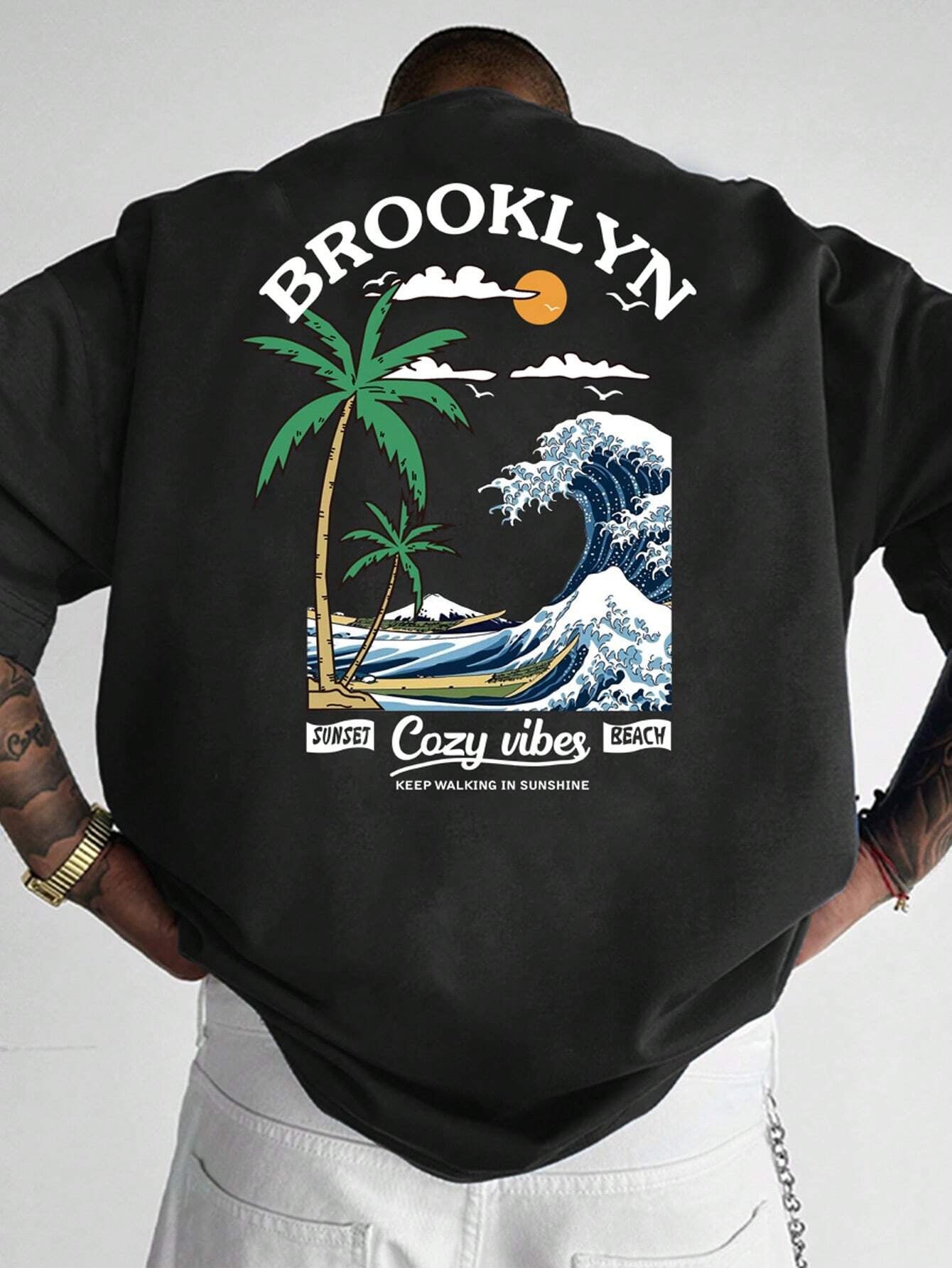 Manfinity Hypemode Men'S Summer Casual Short Sleeve T-Shirt with Letter and Palm Tree Print