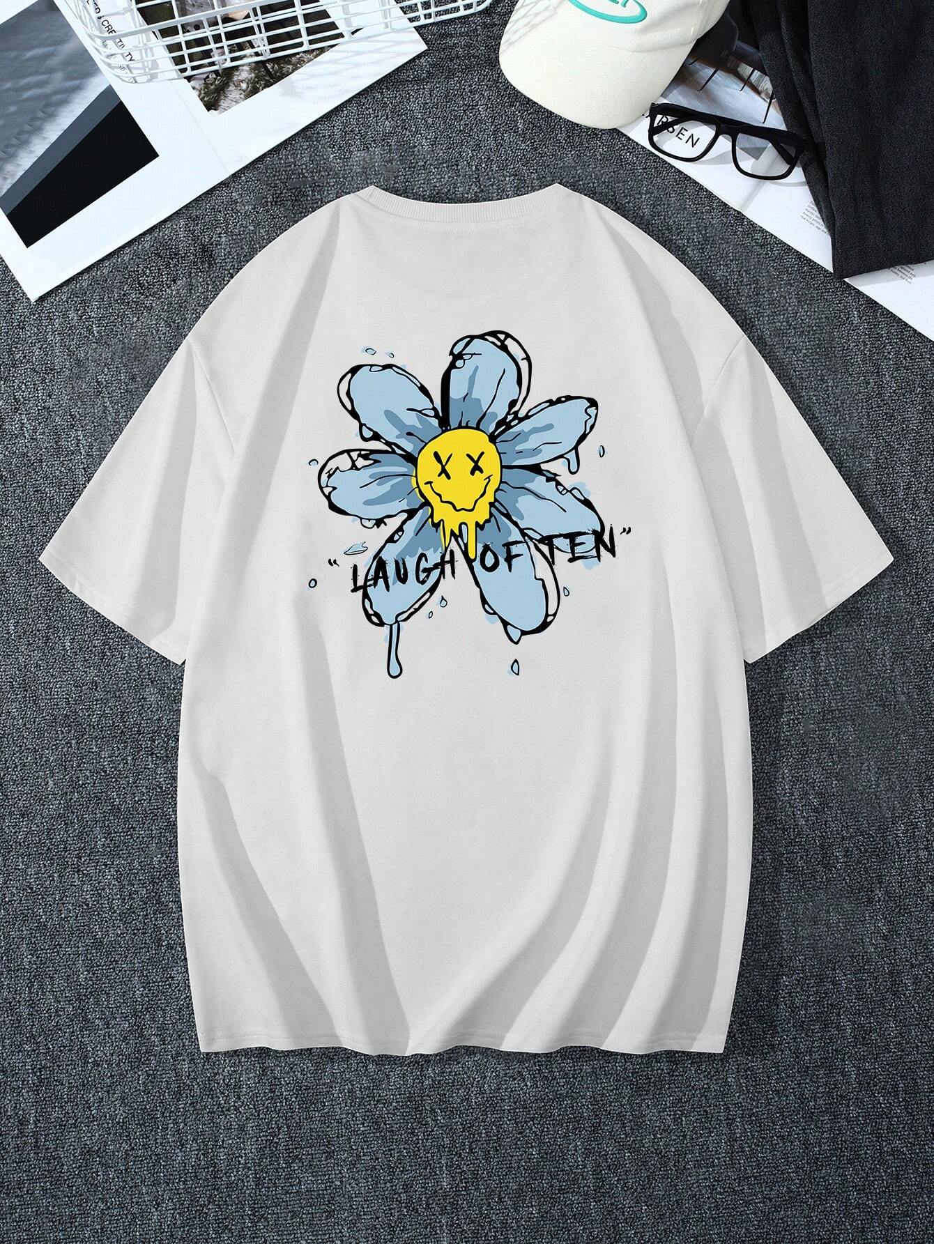 Manfinity Hypemode Men'S Cartoon Face & Slogan Print Drop Shoulder Oversized Tee