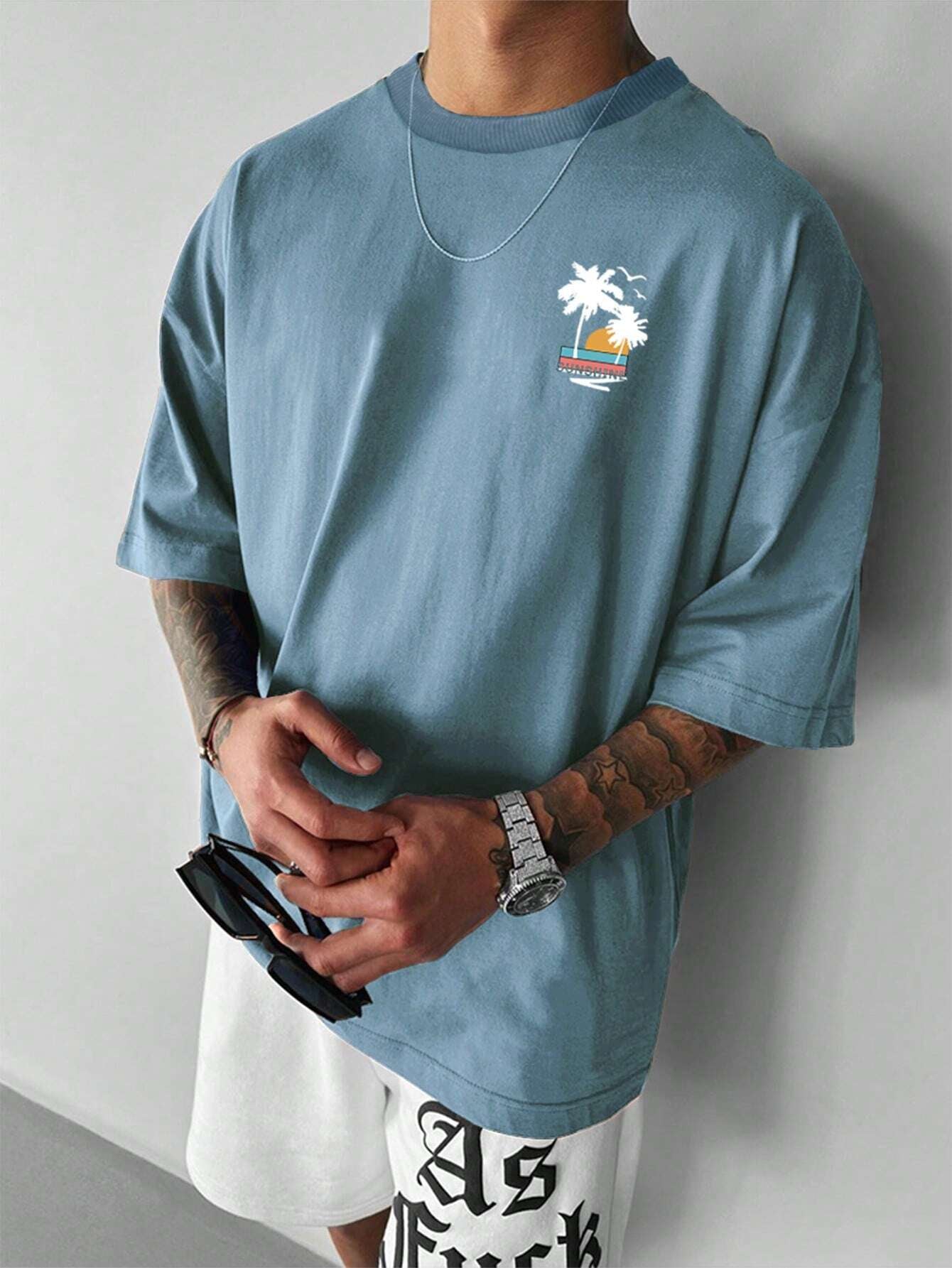 Manfinity Hypemode Men'S Summer Casual Short Sleeve T-Shirt with Letter and Palm Tree Print
