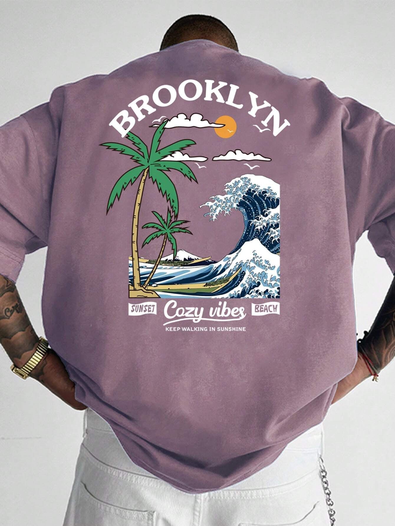 Manfinity Hypemode Men'S Summer Casual Short Sleeve T-Shirt with Letter and Palm Tree Print