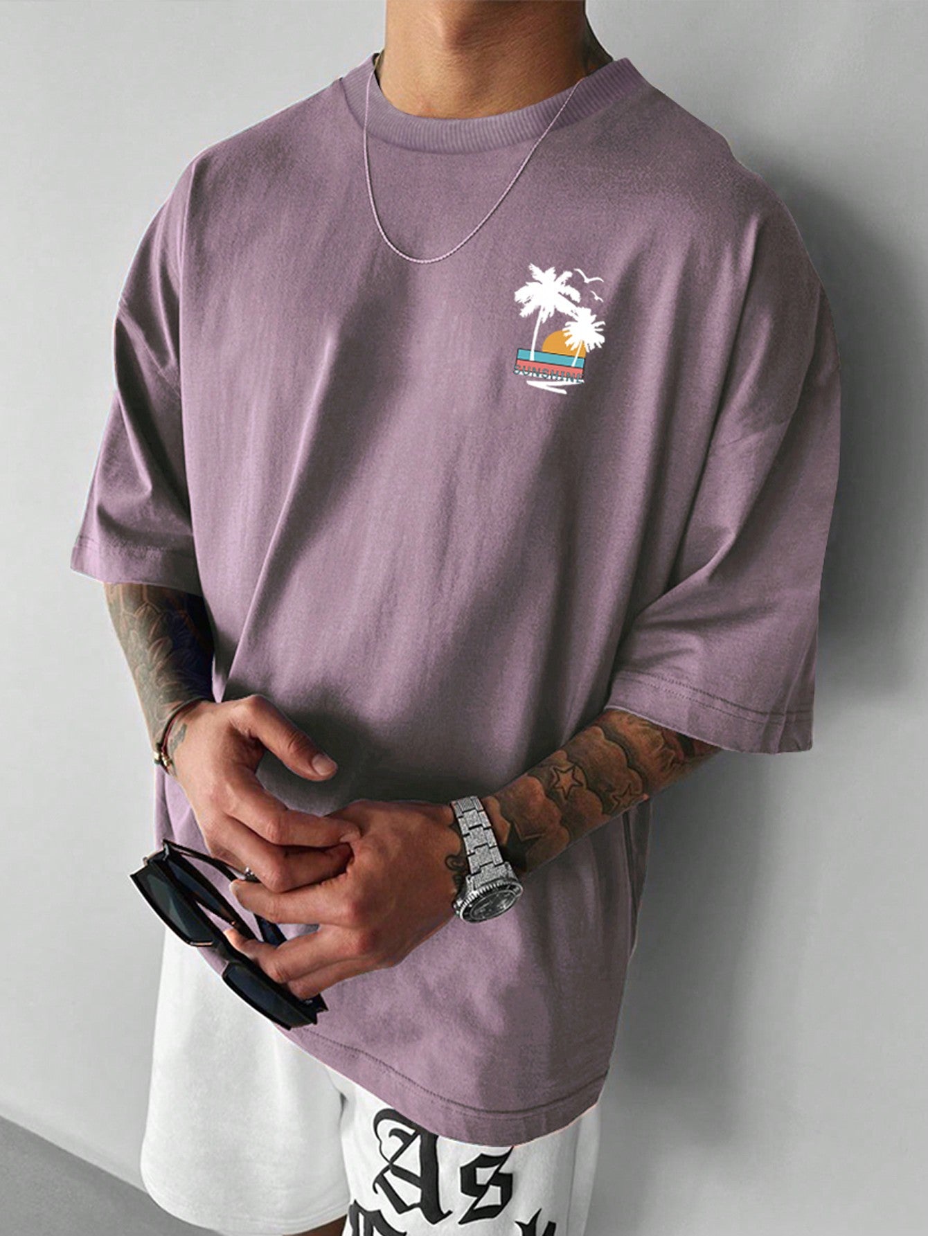 Manfinity Hypemode Men'S Summer Casual Short Sleeve T-Shirt with Letter and Palm Tree Print