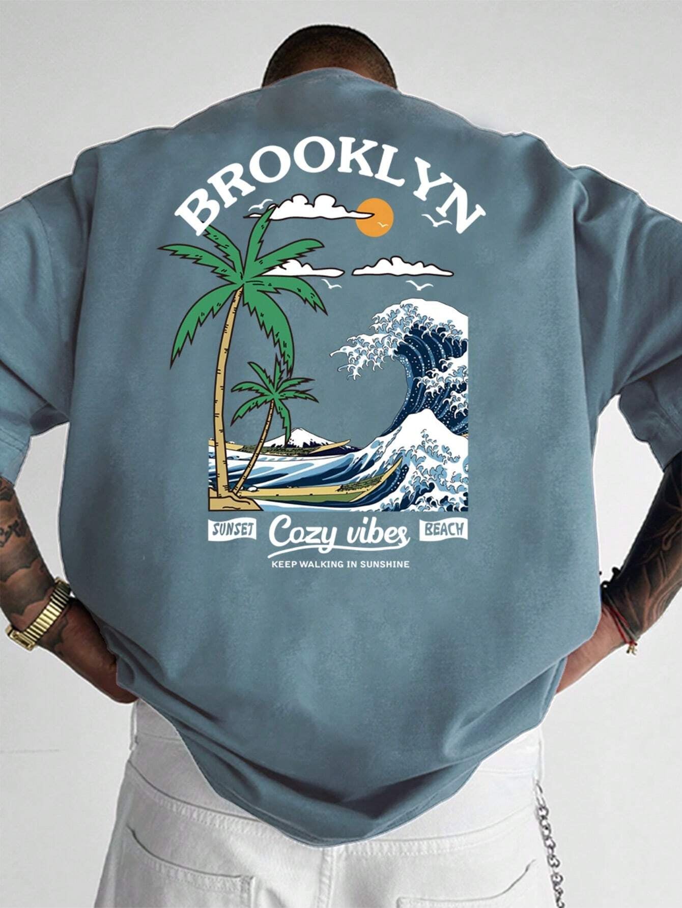 Manfinity Hypemode Men'S Summer Casual Short Sleeve T-Shirt with Letter and Palm Tree Print