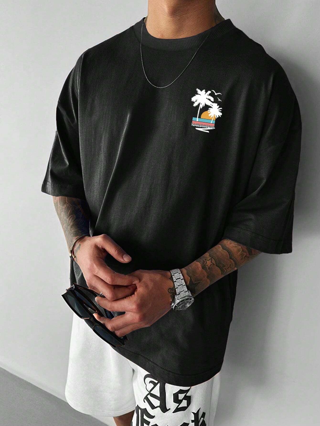 Manfinity Hypemode Men'S Summer Casual Short Sleeve T-Shirt with Letter and Palm Tree Print