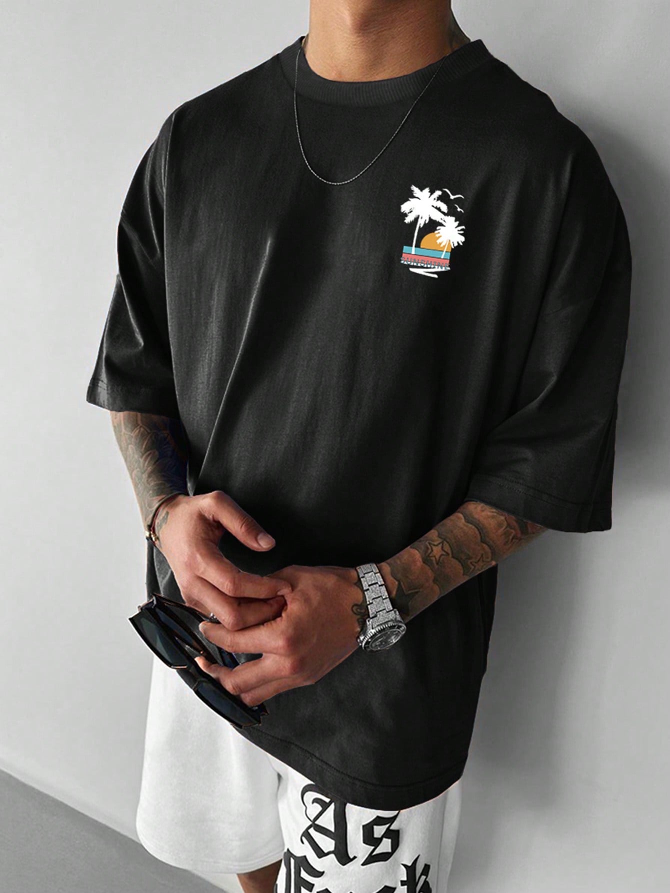 Manfinity Hypemode Men'S Summer Casual Short Sleeve T-Shirt with Letter and Palm Tree Print