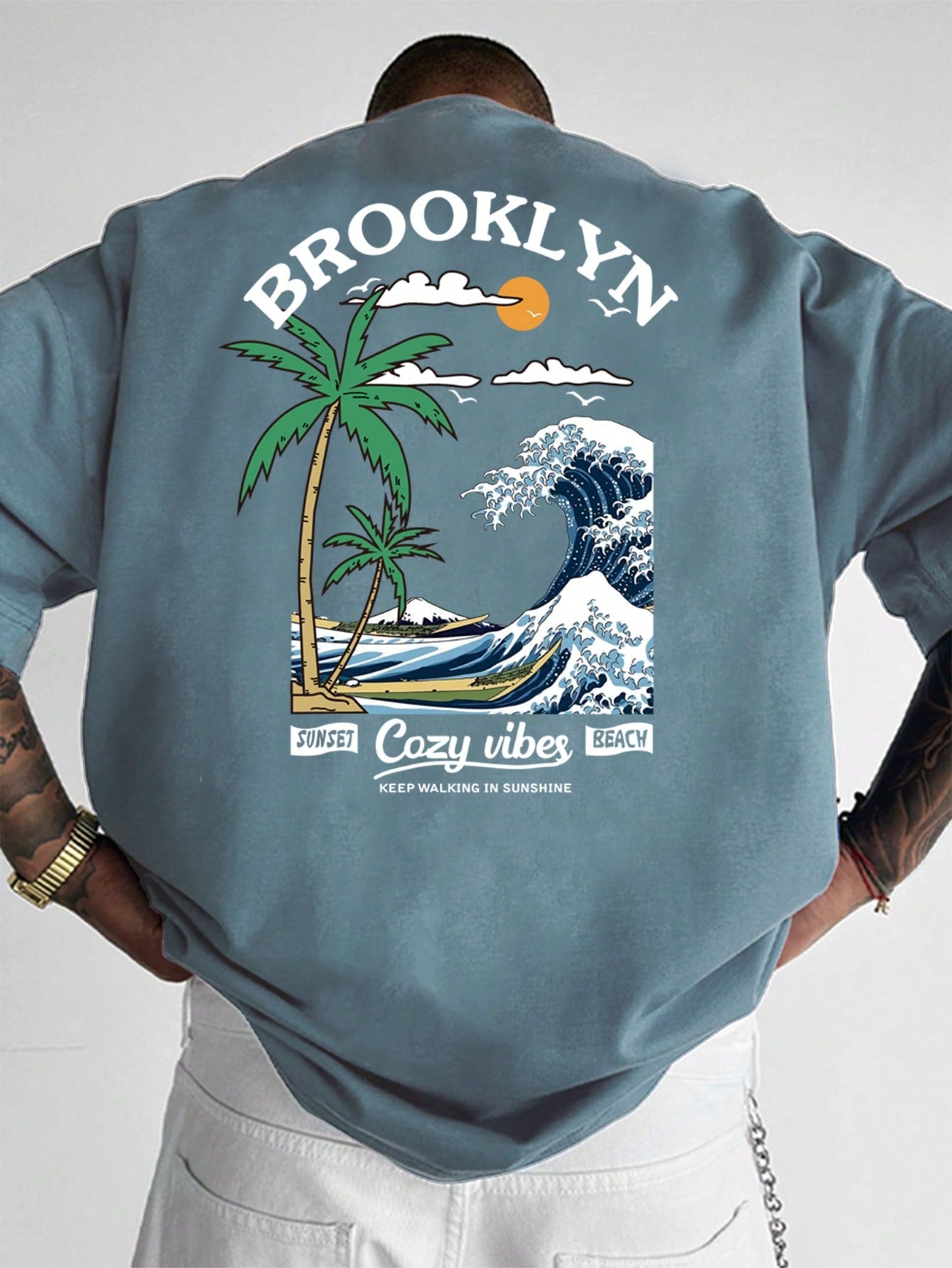 Manfinity Hypemode Men'S Summer Casual Short Sleeve T-Shirt with Letter and Palm Tree Print